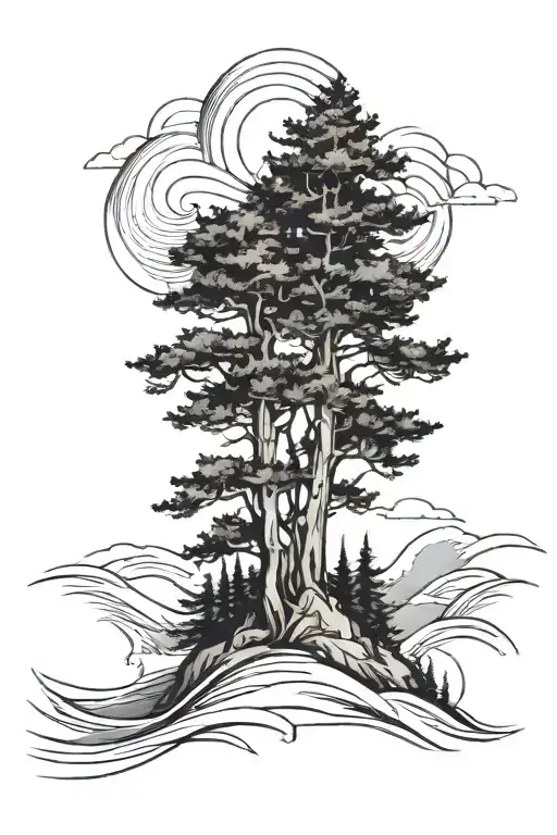 Mountain Pine Tree Wave Fine Line Concept Abstract