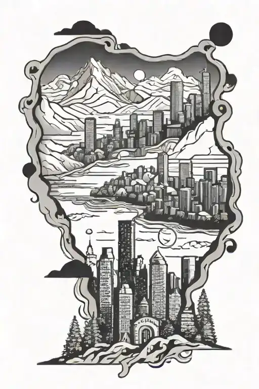 A Polaroid Picture Of A City Skyline In A Mountain Range And 5 Stick People Looking At The View