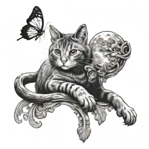 Cat Playing With A Butterfly In The Moon