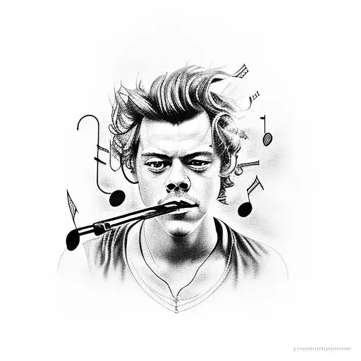A Portrait Of Harry Styles Surrounded By Musical Notes