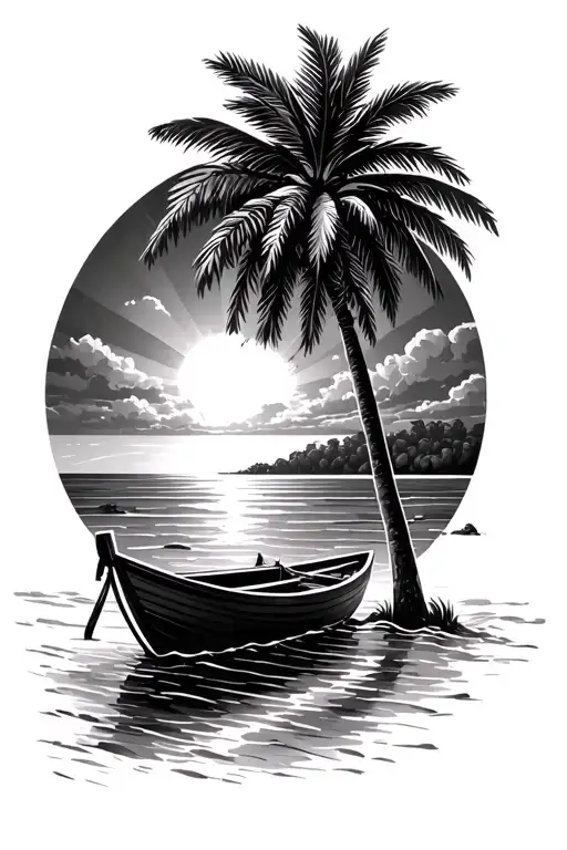 Shore Palm Trees Ocean Clouds Sun Rays Woth Empty Rowboat