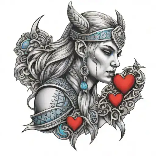 Beautiful Viking Woman Crying Blue Tears And Holding Red Hearts