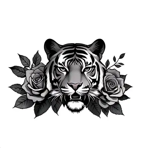 Old School Tiger Head With Roses