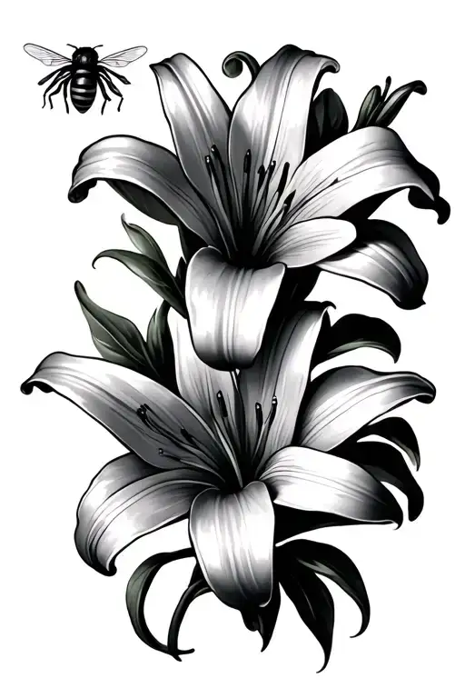 2 Lily Flowers With A Bee Flying Above It