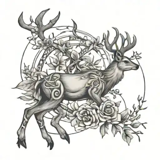 Deer And Sparrow Intertwined In A Delicate