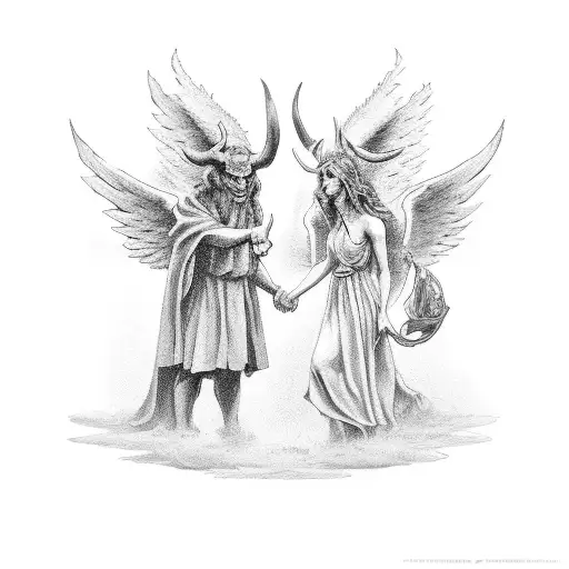A Devil And An Angel Shaking Hands In A Black-grey Style