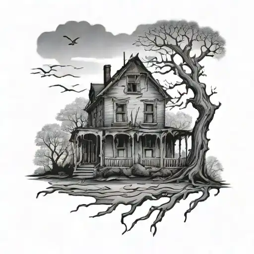 A Haunted Broken House Surrounded By Trees