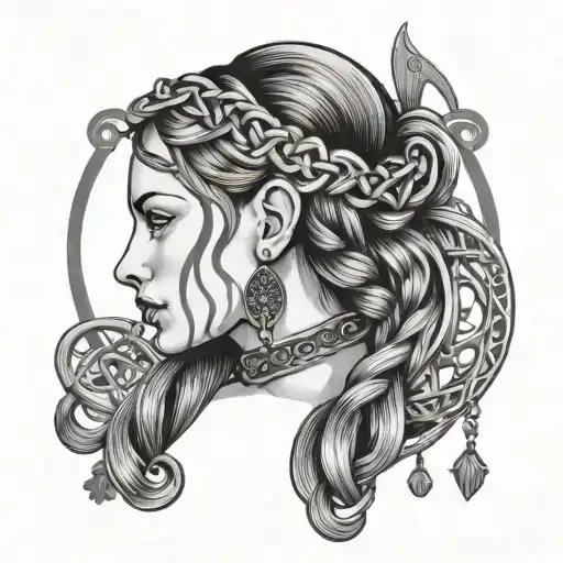 Irish Lady Head With Braids And Jewelry And Celtic Harp