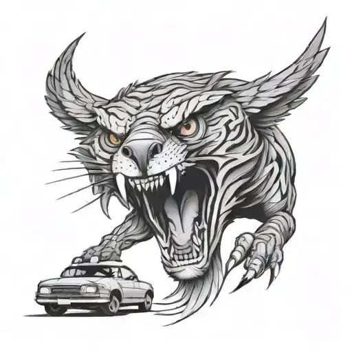 Eagle With A Saber Tooth Tiger Head Clenching A Car In Its Talons
