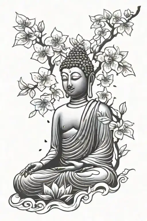 Buddha And Cherry Blossom Petals Falling