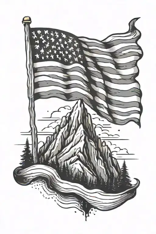 Simple American Flag Waving On A Mountain