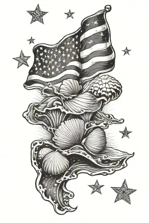 One American Flag Waving On A Beach Elements Like Seashells