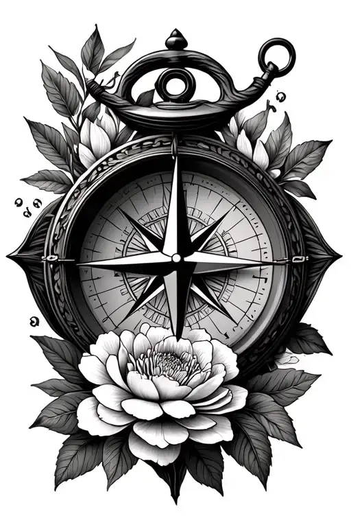 Compass With Anchor And Peonie Flowers And Leaves