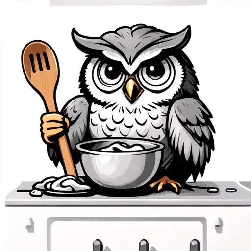 Cartoon Owl Perched On Kitchen Counter Holding A Wooden Spoon Baking With A Mixing Bowl