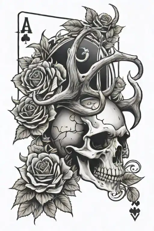 Skull And Roses And Playing Cards Buck Deer Skull