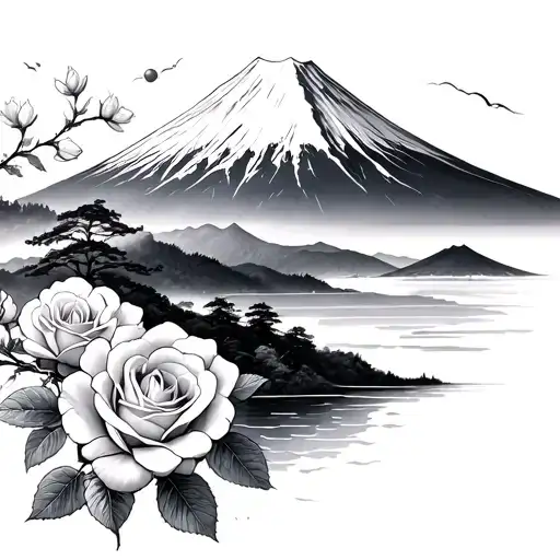 Mt Fuji And Mt Hood With Cherry Blossoms And Roses