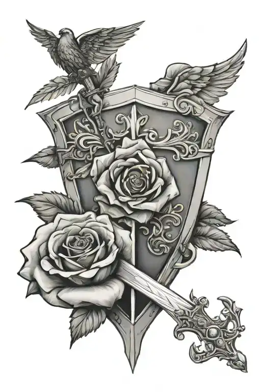 A Rose Above A Sheild With A Sword Going Through It Wings Wrapped Around The Sheild