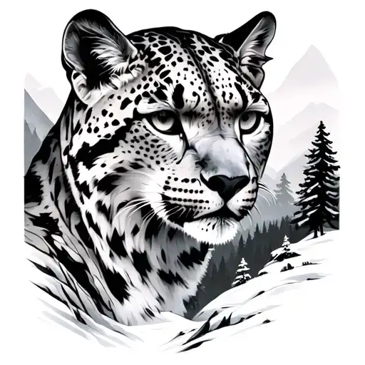 Snow Leopard Woods And Mountains Background