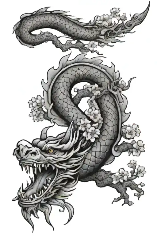 Sakura Blossom Branch With Dragon Spiraling Around