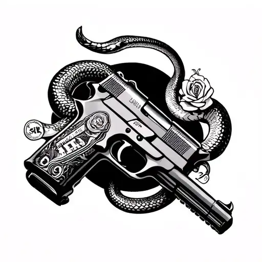 A Forearm Tatto Featuring Gun With A Snake Around It And Dollar And Ros