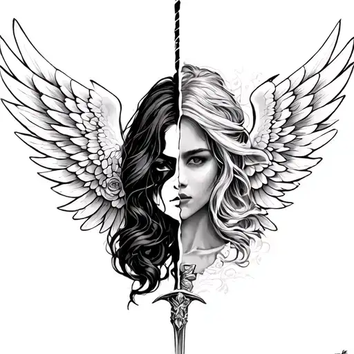 Tattoo Split On The Right Side A Women Half Face And Left Side Wings With Sword