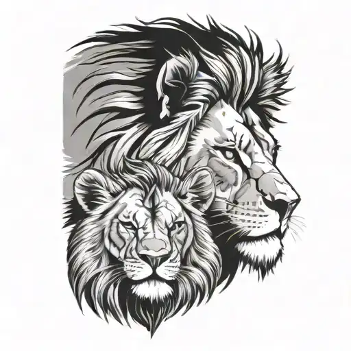 King Lion Head Looking Down At His Cub