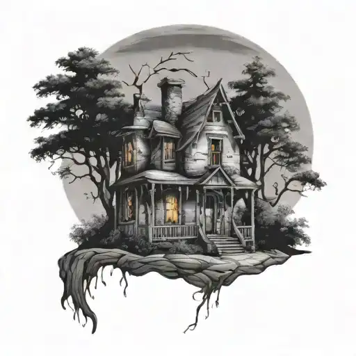A Small Haunted Broken House Surrounded By Trees