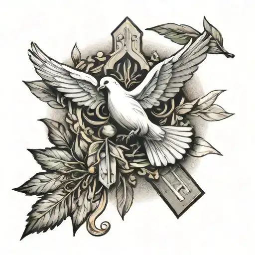 Roman Catholic Cross With Dove Hand Coming From The Heaven And An Olive Branch