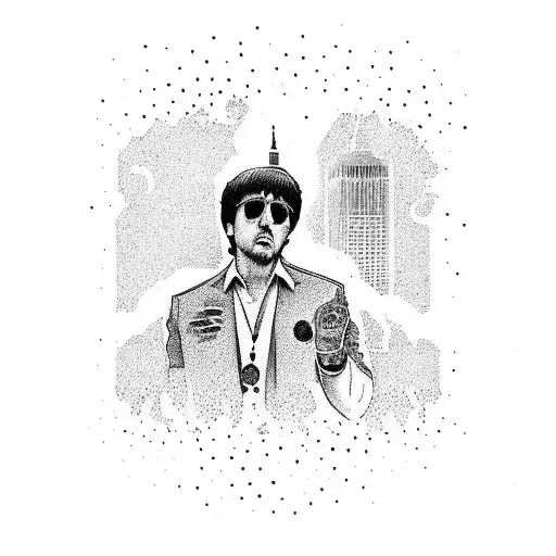 A Dotwork Tattoo Of Tony Montana's Iconic Quote 'The World Is Yours' With A City Skyline