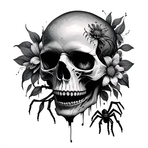 Decaying Skull With Spider Crawling Out Of Empty Eye Socket And Flowers