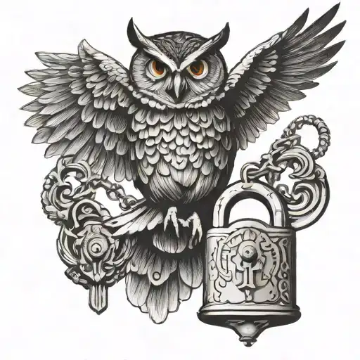 Owl Flying Holding Key And Lock