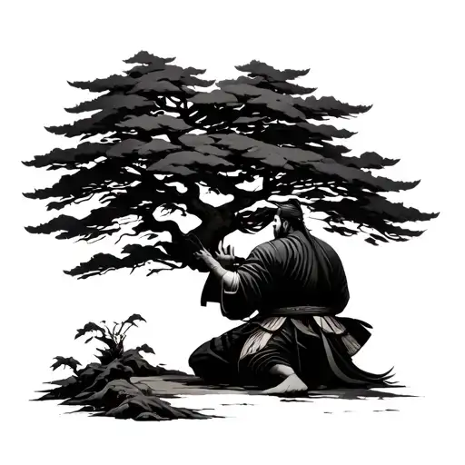 Samurai Kneeling Infront Of Tree And Touching It's Base