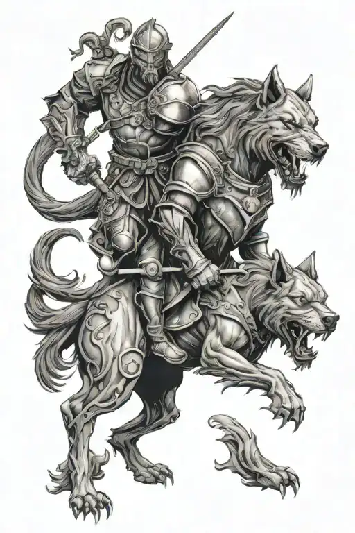 Goth Knight Holdin Cerberus In An Iron