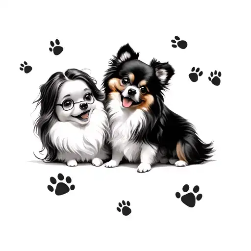 Pomeranian Dog And Girl With Footprints And Paw Print