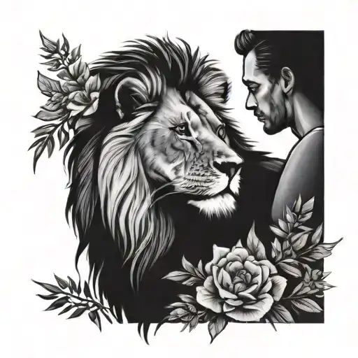 Dad And Daughter Lion With Flowers In The Background