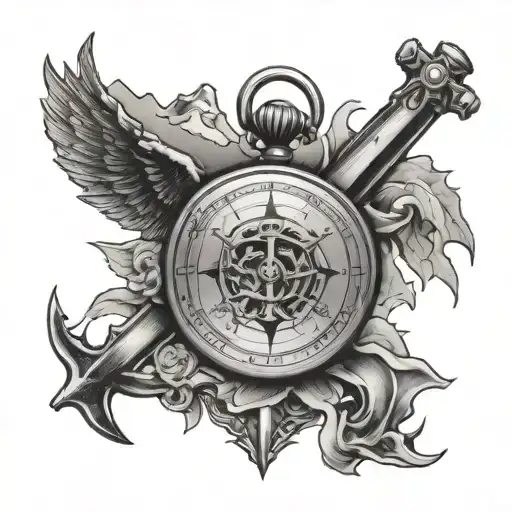 Compass Pocket Watch Anchor Swallow And Mountains With Cross