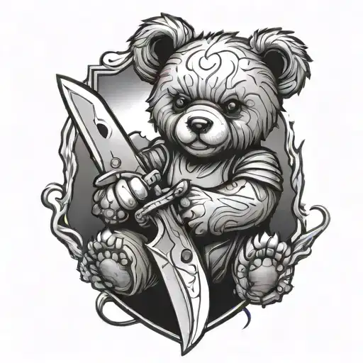 Broken Teddy Bear Holding A Knife
