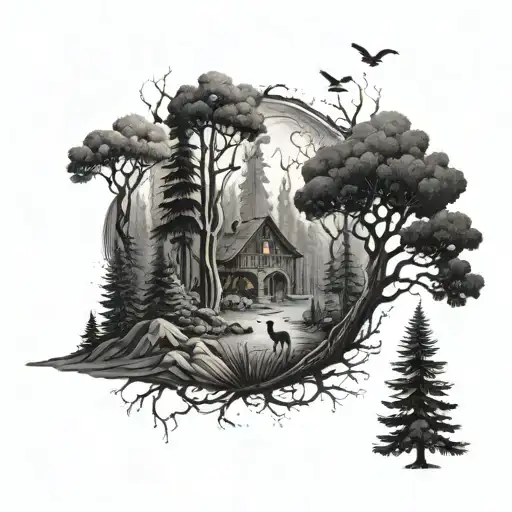 A Mystical Tattoo Design Featuring A Forest Scene With Hidden Disney Characters Peeking Out