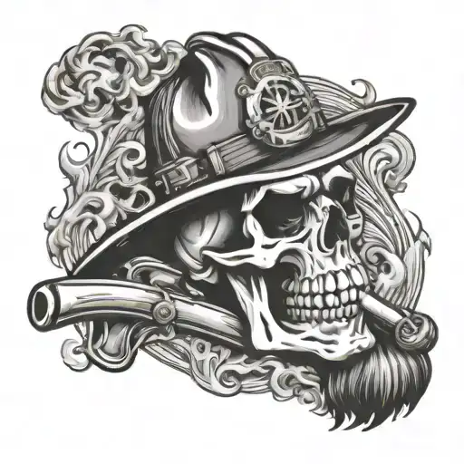 Fire Fighter Skull Smoking A Cigar With The Ocean And Fire Fighter Emblem Behind With 2 Axes