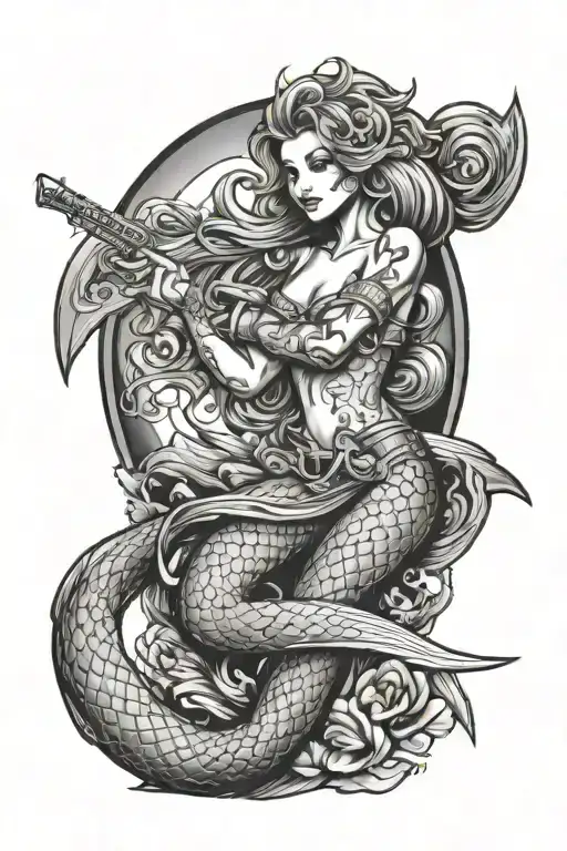 Mermaid Holding A Sword And Gun
