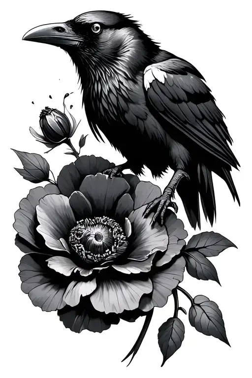 Raven Holding Poppy Flower