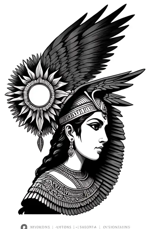 Egyptian Goddess Isis Wearing Traditional Sun Crown Looking Through Her Wing