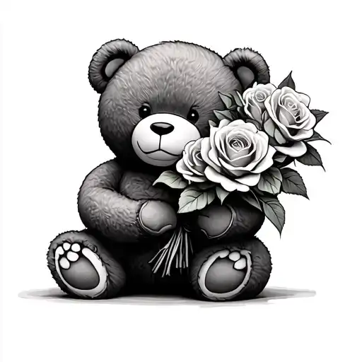 Teddy Bear Holding A Bouquet Of Roses