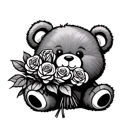 Simple Outline Teddy Bear Holding A Bouquet Of Roses