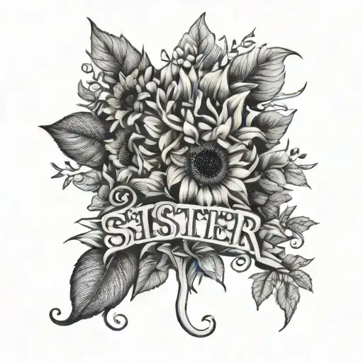 Small Outlined Bouquet Of Sunflowers And Ivy Plants With The Word Sister Underneath