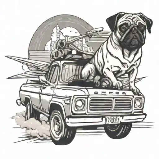 A Black And Grey Tattoo Of A Sleek Truck Speeding Down A Highway With A Pug Riding Shotgun