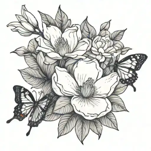 Magnolia Flower With Leaves Growing With A Butterfly On It And Aesthetic Effects