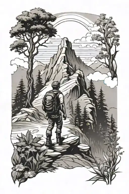 Nature Scene With Hiker On A Mountain Trail