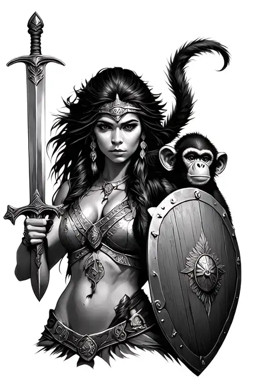 Amazonian Warrior Woman With Monkey On Shoulder Holding With Sword And Shield