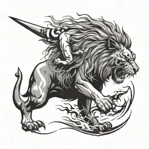 A Lion And Shark Facing Off In A Turf Field